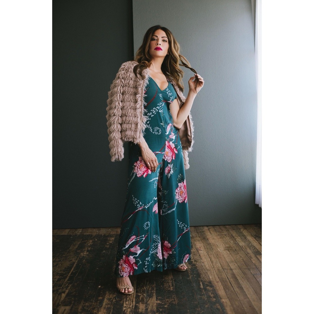 Jaase Teal Floral Bird Wide Leg Jumpsuit Boho Resort Festival M